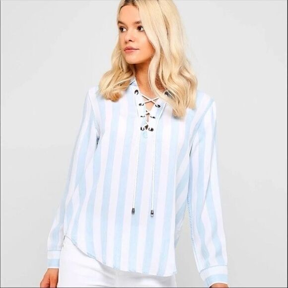 Rails Blue White Block Stripe Lace Tie Blouse S - Picture 1 of 14